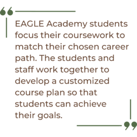 A quote graphic that says, "EAGLE Academy students focus their coursework to match their chosen career path. The students and staff work together to develop a customized course plan so that students can achieve their goals."