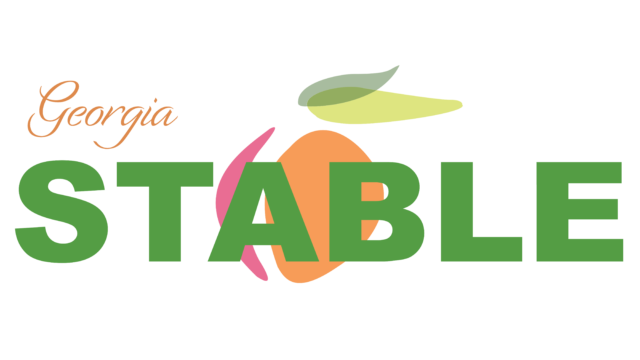 Georgia STABLE logo - in the top left corner is the word "Georgia" written in peach script font and below it in bold, large, green letters is the word "stable", which covers a peach and pink icon of a peach. 