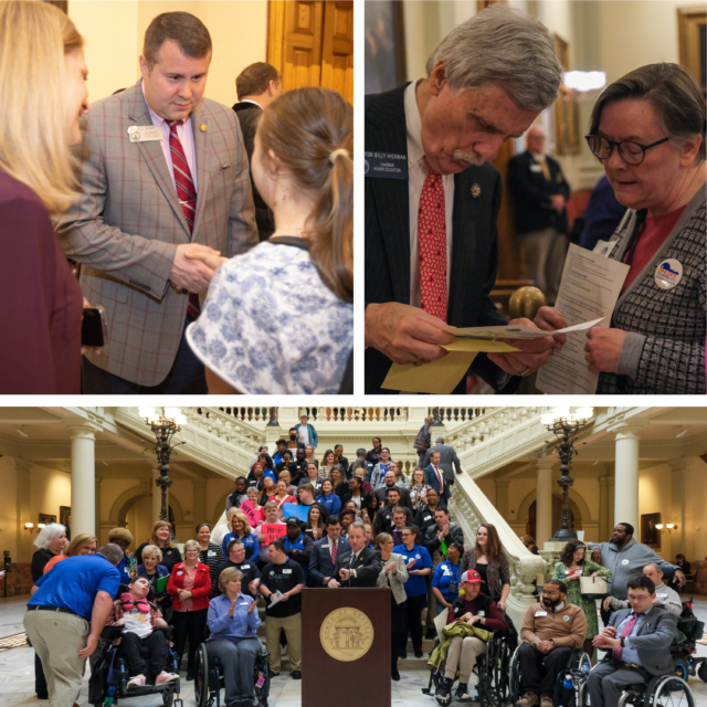 A three photo collage of the advocacy days. In the top left corner, there's a photo of a white, male senator shaking hands with a young white woman. In the top right corner, there is an older, white male senator looking over papers with an older, white woman. In the bottom photo, several dozen people stand on stairs inside of Georgia's State Capitol. 