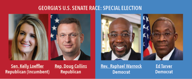 Georgias U.S. Senate Race: Special Election. Senator Kelly Loeffler, Republican Incumbent, Representative Doug Collins, Republican. Rev. Raphael Warnock, Democrat and Ed Tarver, Democrat.
