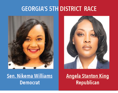 Georgias 5th Disctrict Race: Senator Nikema Williams, Democrat. Angela Stanton King, Republican.