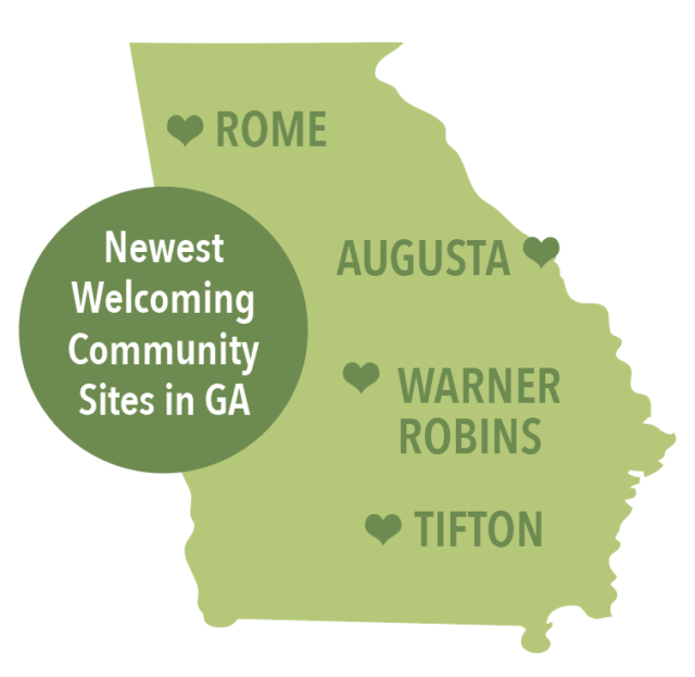 Newest Welcoming Community Sites in GA: Rome, Augusta, Warner Robins, Tifton. 