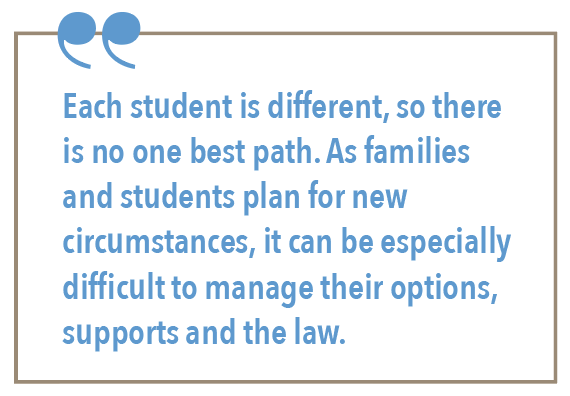 Each student is different, so there is no one best path. As families and students plan for new circumstances, it can be especially difficult to manage their options, supports and the law.