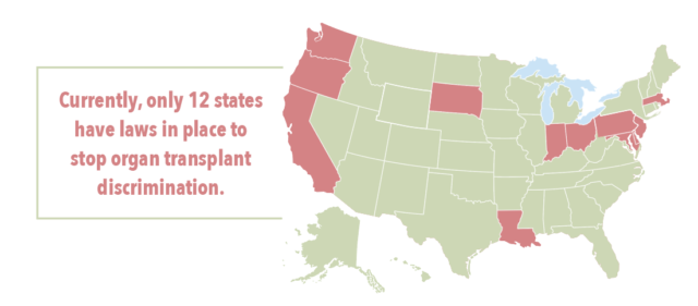 Currently, only 12 states have laws in place to stop organ transplant discrimination.