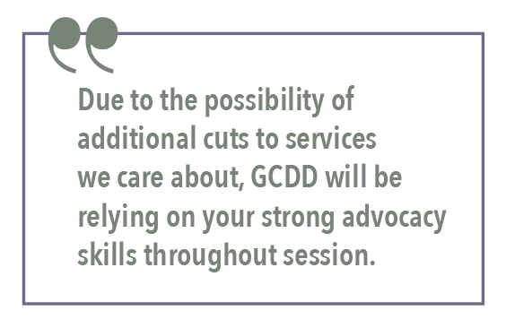 Due to the possibility of additional cuts to services we care about, GCDD will be relying on your strong advocacy skills throughout session.