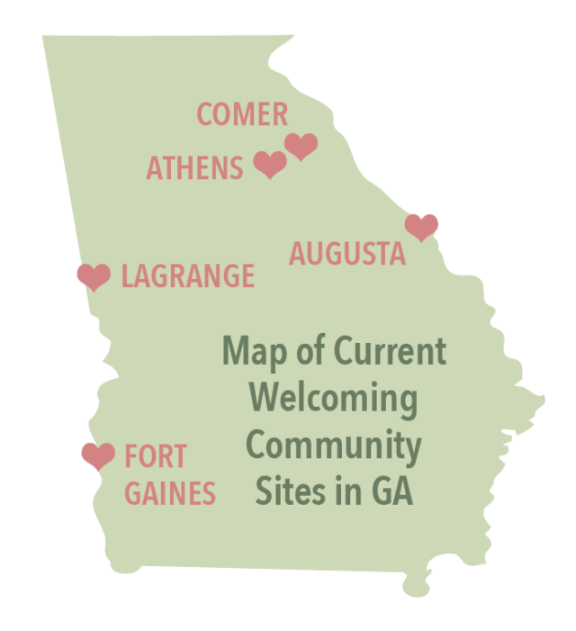 Map of Current Welcoming Community Sites in GA: Comer, Athens, Lagrange, Augusta, Fort Gaines.