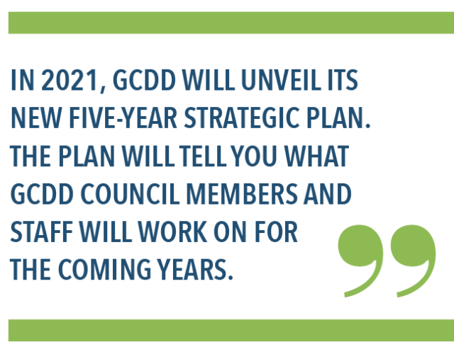 In 2021, GCDD will unveil its new five-year strategic plan. The plan will tell you what GCDD Council members and staff will work on the coming years.
