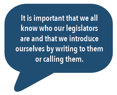 It is important that we all know who our legislators are and that we introduce ourselves by writing to them or calling them.