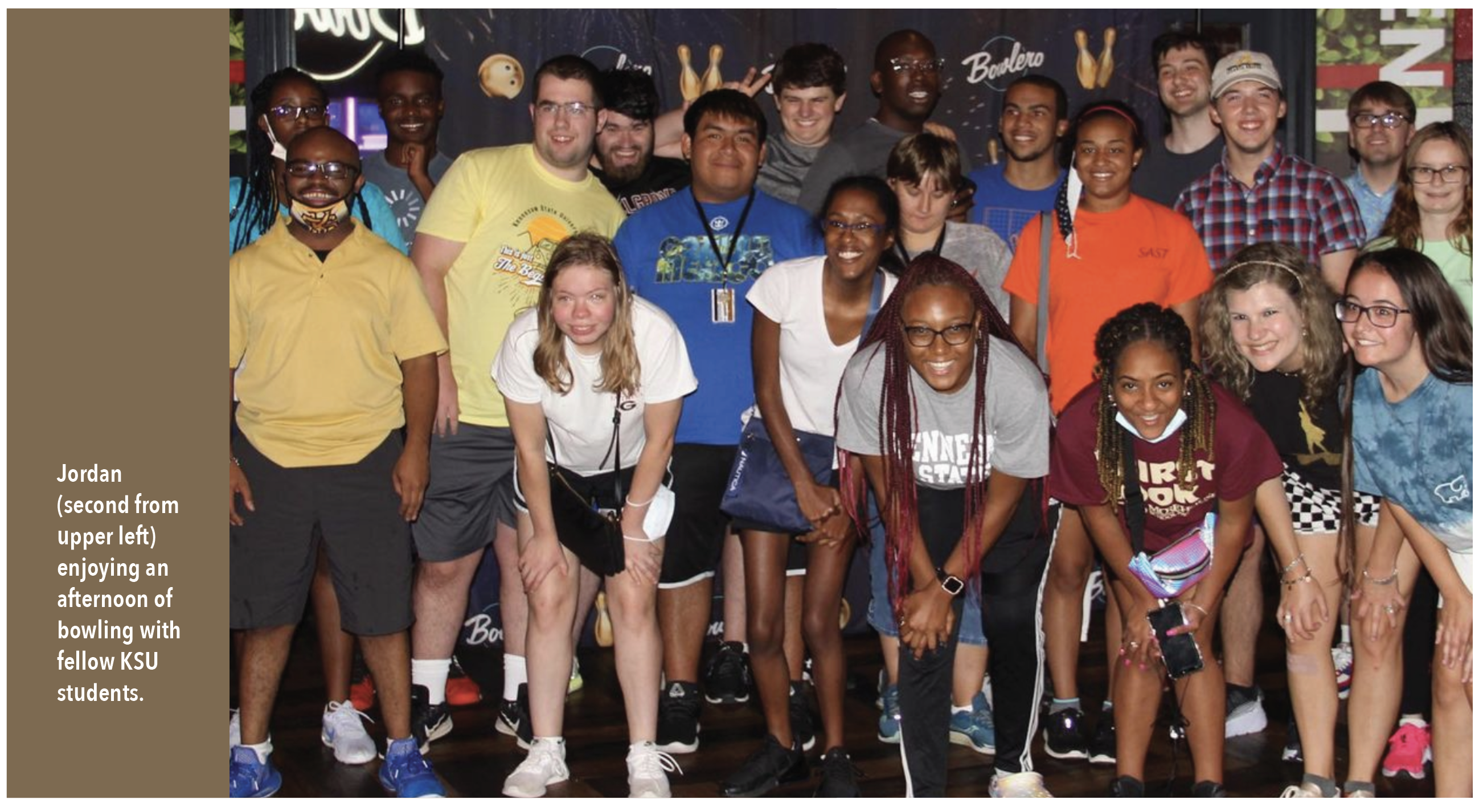 Photo of Jordan (second from upper left) enjoying an afternoon of bowling with fellow KSU students.