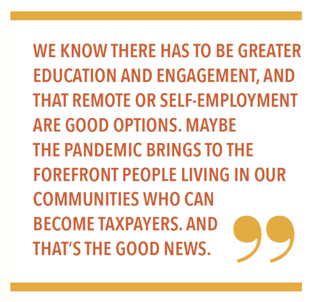 WE KNOW THERE HAS TO BE GREATER EDUCATION AND ENGAGEMENT, AND THAT REMOTE OR SELF-EMPLOYMENT ARE GOOD OPTIONS. MAYBE THE PANDEMIC BRINGS TO THE FOREFRONT PEOPLE LIVING IN OUR COMMUNITIES WHO CAN BECOME TAXPAYERS. AND THAT’S THE GOOD NEWS.