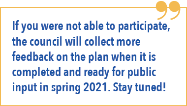 If you were not able to participate, the council will collect more feedback on the plan when it is completed and ready for public input in spring 2021. Stay tuned!