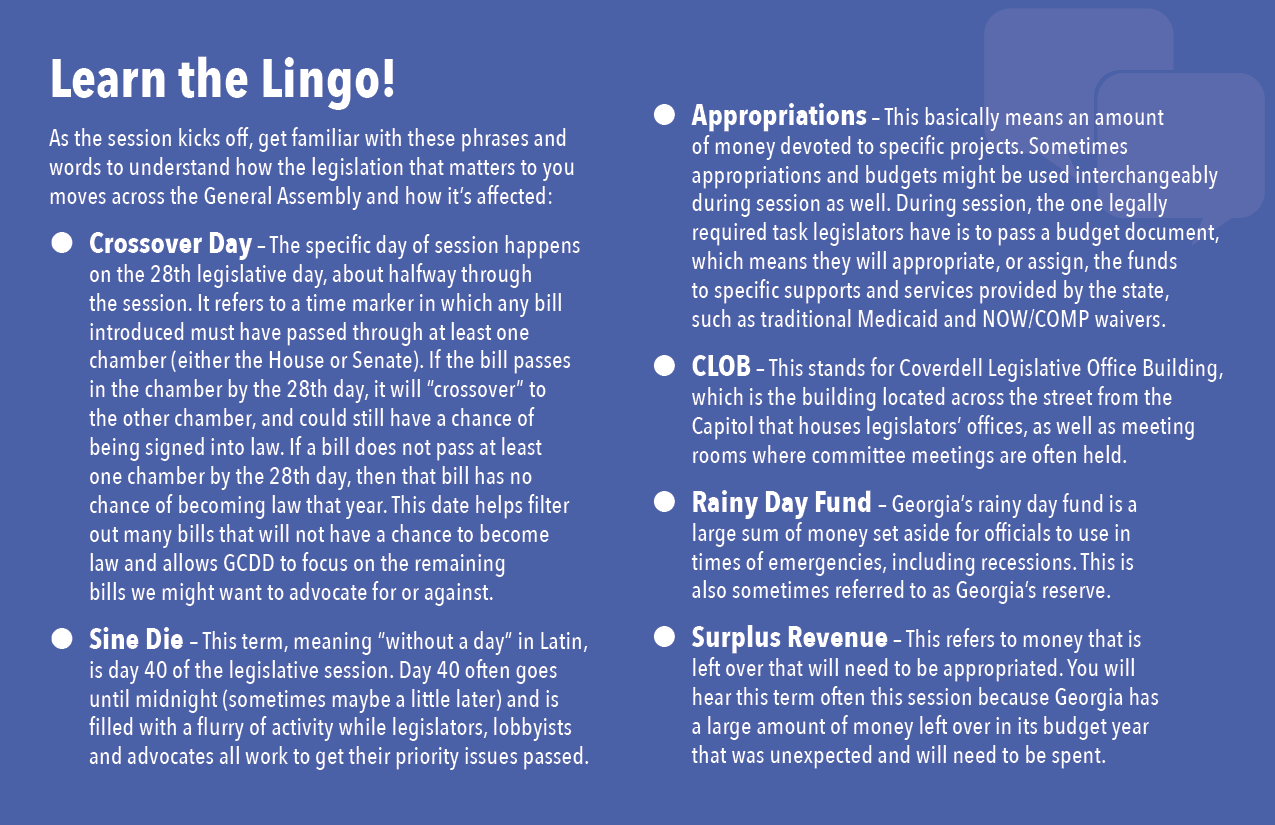Learn the Lingo! As the session kicks off, get familiar with these phrases and words to understand how the legislation that matters to you moves across the General Assembly and how it’s affected: Crossover Day, Sine Die, Appropriations, Appropriations, Rainy Day Fund, Surplus Revenue
