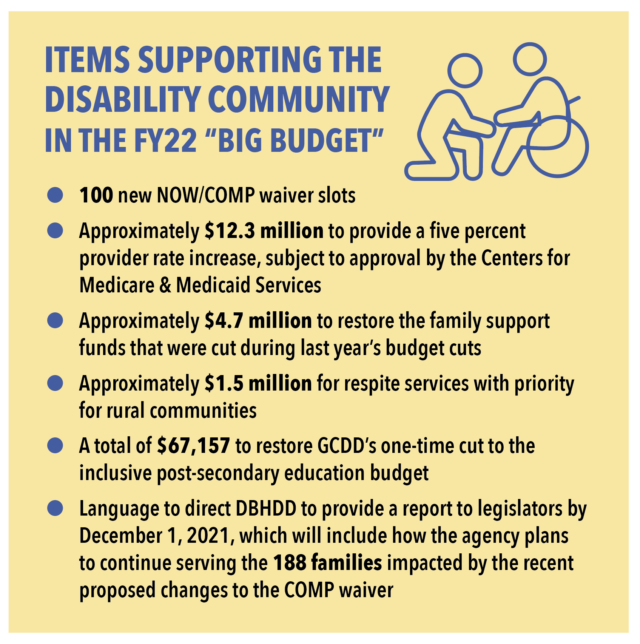 Items supporting the disability community in the FY22 “BIG budget” • 100 new NOW/COMP waiver slots • Approximately $12.3 million to provide a five percent provider rate increase, subject to approval by the Centers for Medicare & Medicaid Services • Approximately $4.7 million to restore the family support funds that were cut during last year’s budget cuts • Approximately $1.5 million for respite services with priority for rural communities • A total of $67,157 to restore GCDD’s one-time cut to the inclusive post-secondary education budget • Language to direct DBHDD to provide a report to legislators by December 1, 2021, which will include how the agency plans to continue serving the 188 families impacted by the recent proposed changes to the COMP waiver