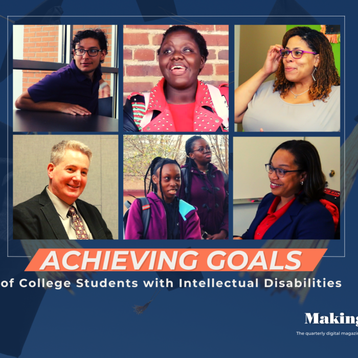 A graphic with a blue background with headshots of six people with a title that reads Achieving Goals of College Students with Intellectual Disabilities