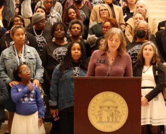 Sen. Sally Harrell held a press conference during Waiver and Wages Day