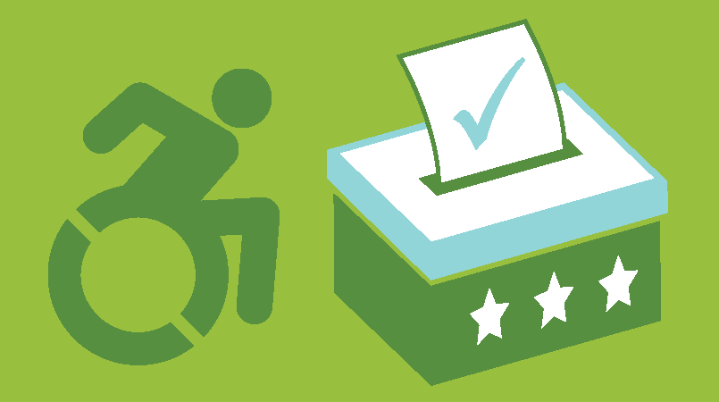 Green banner with the accessible icon on the left, and a voter box on the right. Both are also in a darker green color.