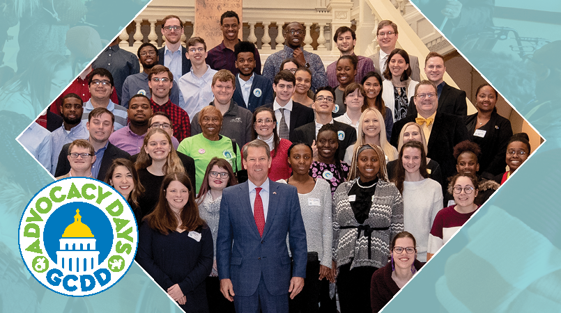 Light blue banner with a diamond shaped photo on the right hand side, a group of people posing together with Governor Kemp. GCDD's Advocacy Days logo is on the right hand side as well.