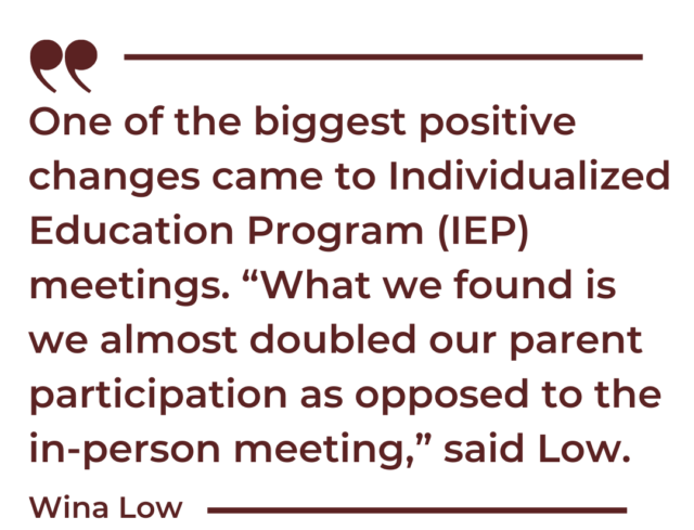 A quote graphic that says, "One of the biggest positive changes came to Individualized Education Program (IEP) meetings. “What we found is we almost doubled our parent participation as opposed to the in-person meeting,” said Low.”