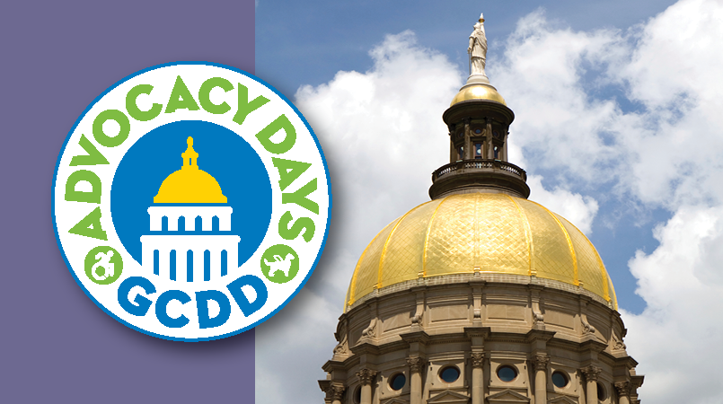 Purple banner with a photo of the Georgia State Capitol on the right. GCDD Advocacy Days Logo included as well.