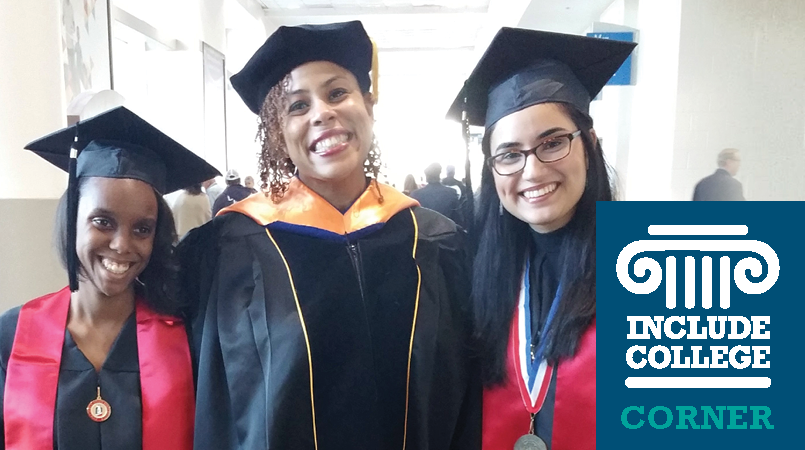 "Include College Corner" logo is on the lower right hand corner. Photo is of three women wearing graduation attire posing together, smiling.