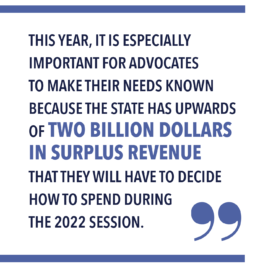 THIS YEAR, IT IS ESPECIALLY IMPORTANT FOR ADVOCATES TO MAKE THEIR NEEDS KNOWN BECAUSE THE STATE HAS UPWARDS OF TWO BILLION DOLLARS IN SURPLUS REVENUE THAT THEY WILL HAVE TO DECIDE HOW TO SPEND DURING THE 2022 SESSION.